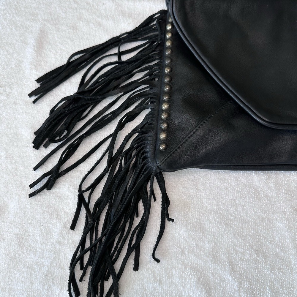 Tylie Malibu Black Leather Studded Fringe Lined Clutch Purse Magnet Close Pocket - Picture 4 of 14